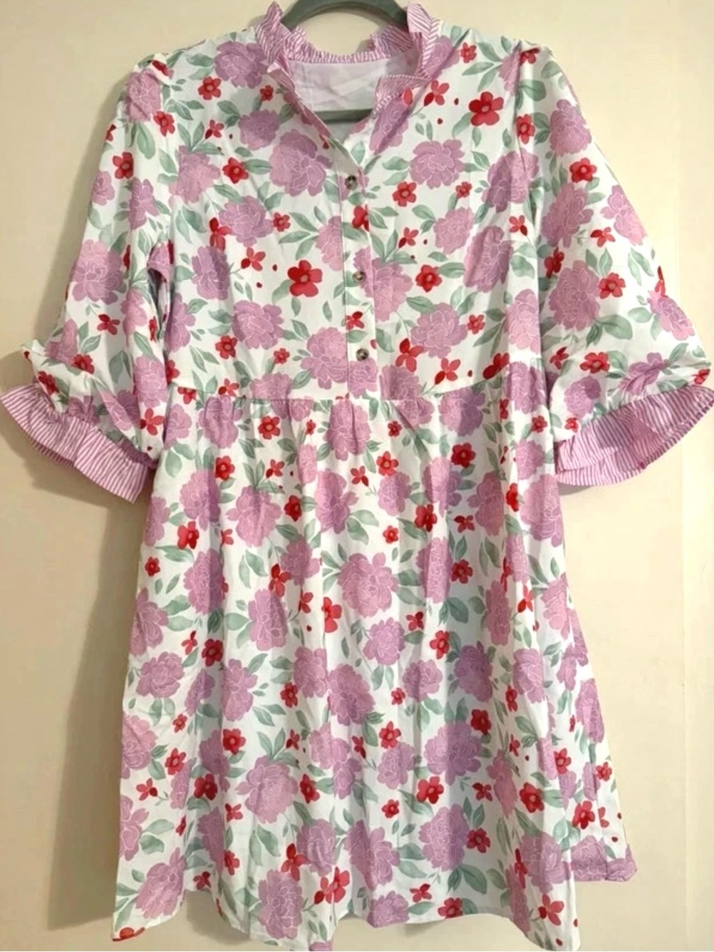 Floral Ruffle-Trim Mini Dress in Lavender and Red